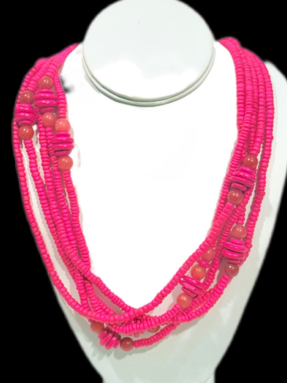5 Layers Strand Hot Pink Beaded Statement Necklace Screw Barrel Closure Jewelry